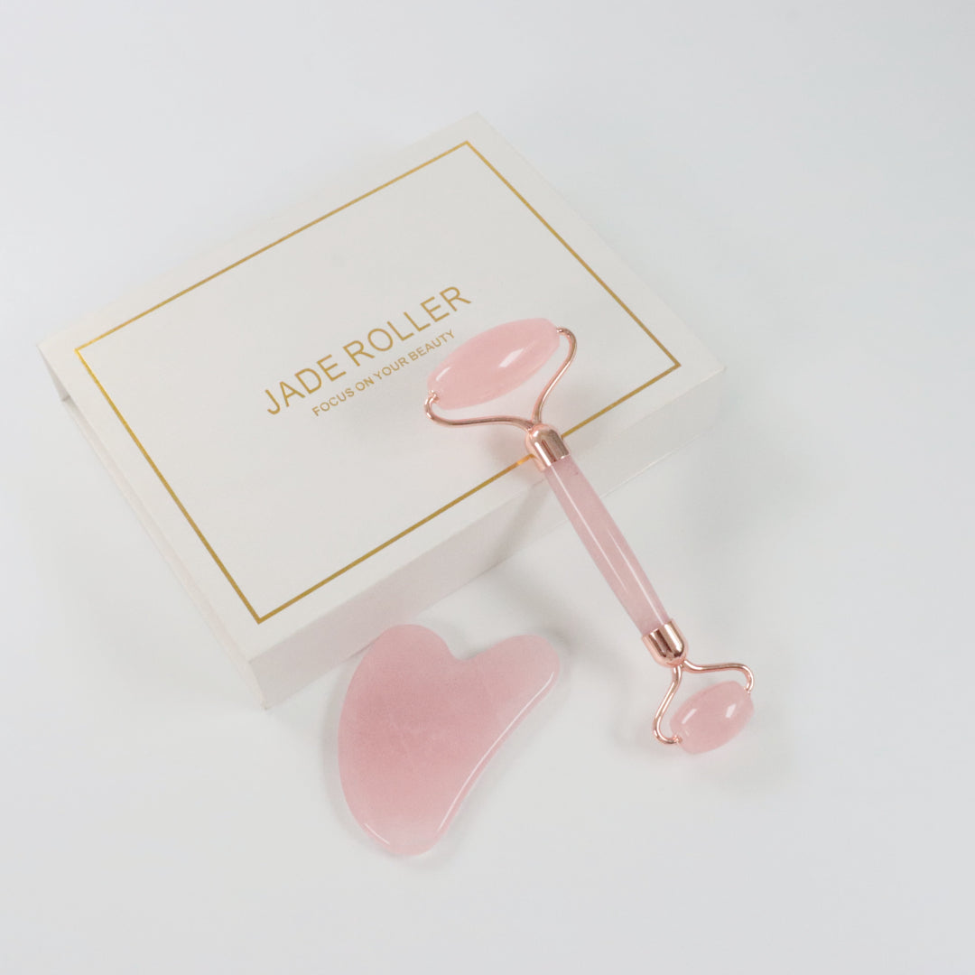 Rose quartz roller and gua sha set (Premium A-grade rose quartz)