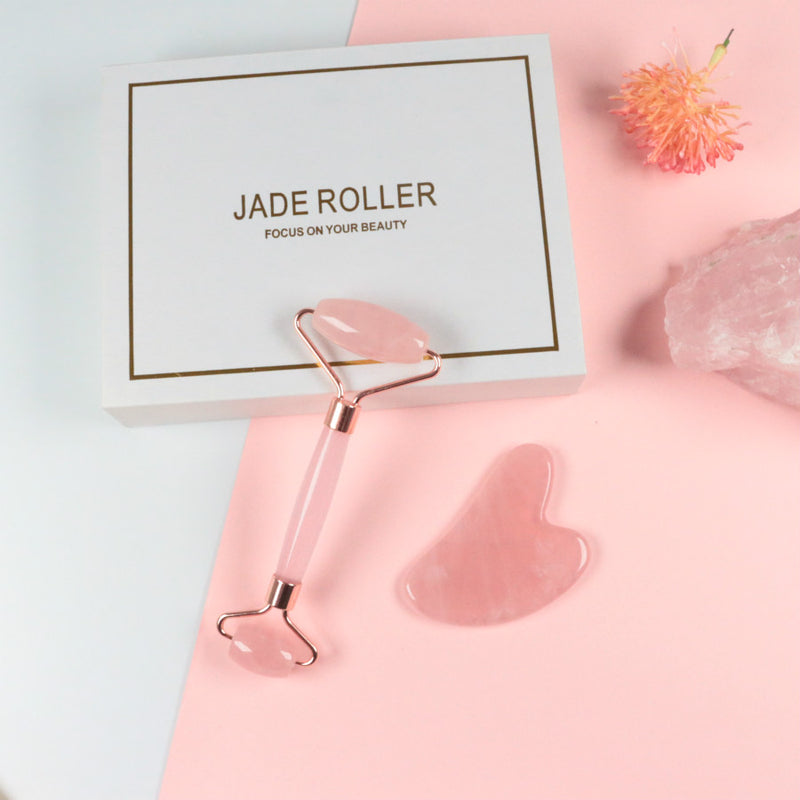 Rose quartz roller and gua sha set (Premium A-grade rose quartz)
